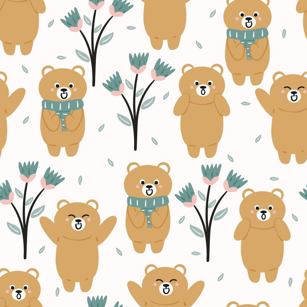 seamless mönster söt tecknad björn och växt. för barn tapeter, tygtryck och presentpapper vektor