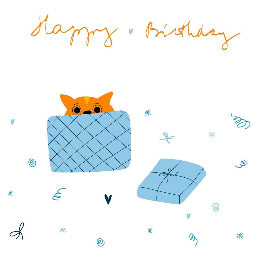 Vektorgrußkarte mit Ingwerkatze in Geschenkbox und handgezeichneter Schrift. alles gute zum geburtstag cartoon flache bunte illustration vektor