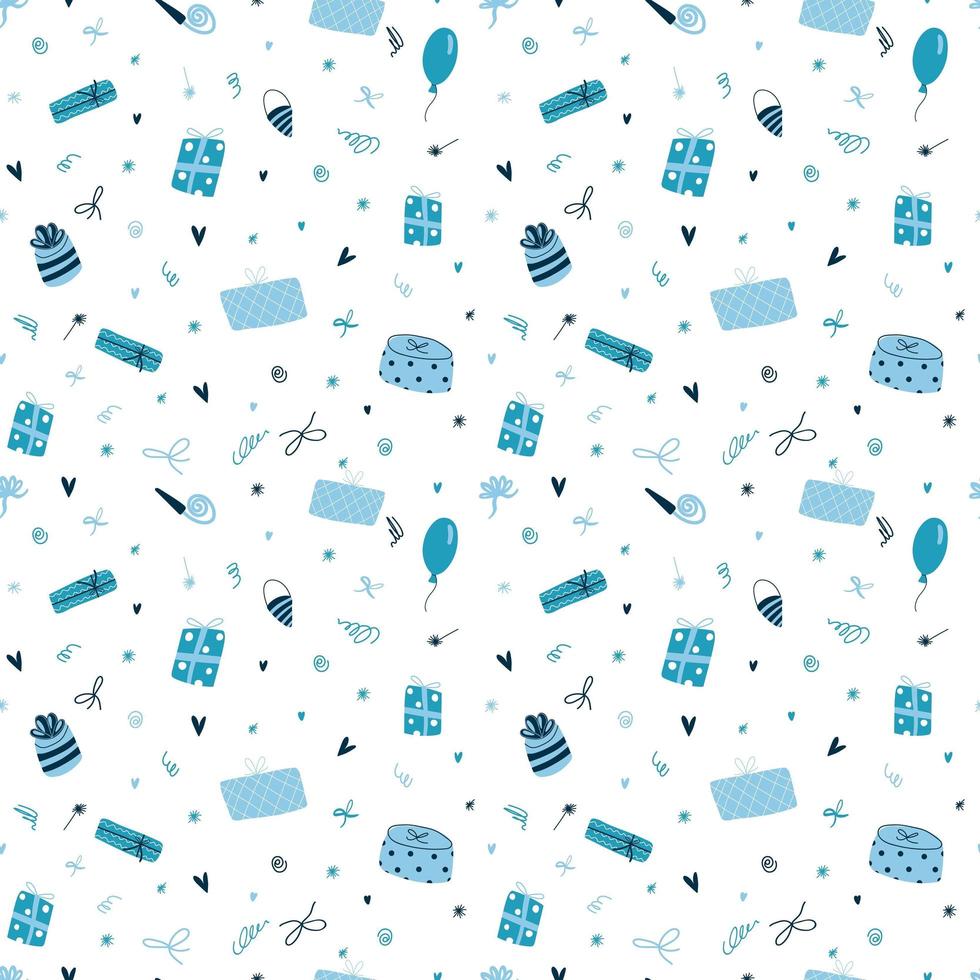 Vektornahtloses Muster mit niedlichen lustigen blauen Geschenkboxen im flachen Cartoon-Stil. vektor