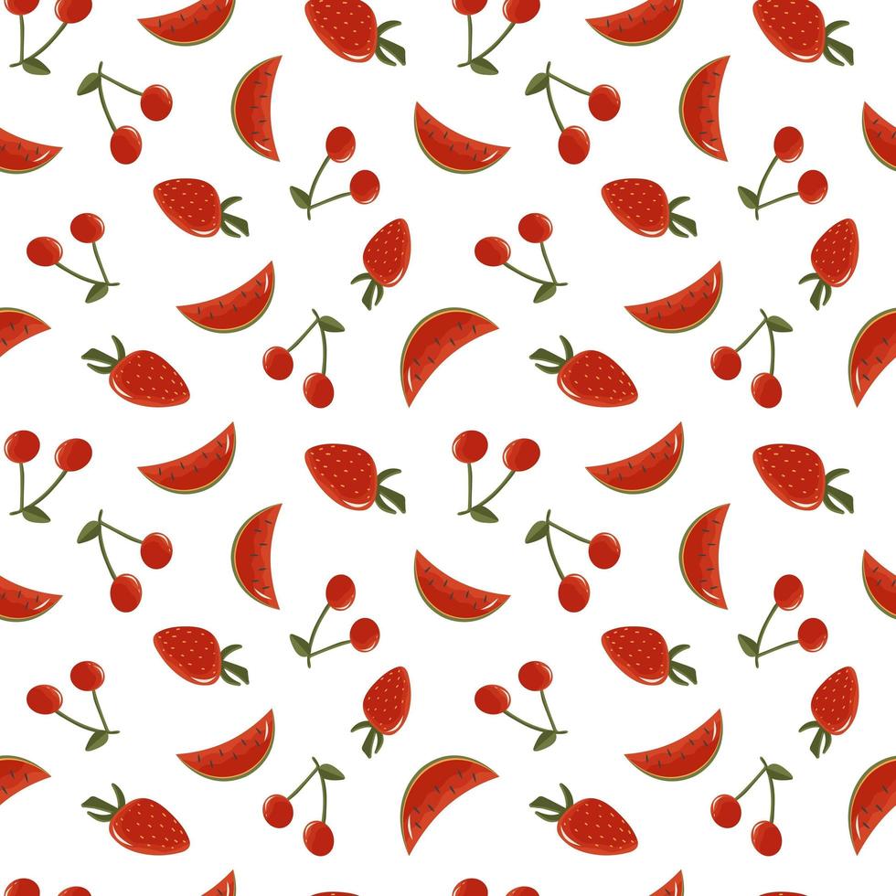 Vektornahtloses Muster mit Früchten wie Erdbeere, Kirsche, Wassermelone. Sommerhintergrund mit frischen Beeren vektor
