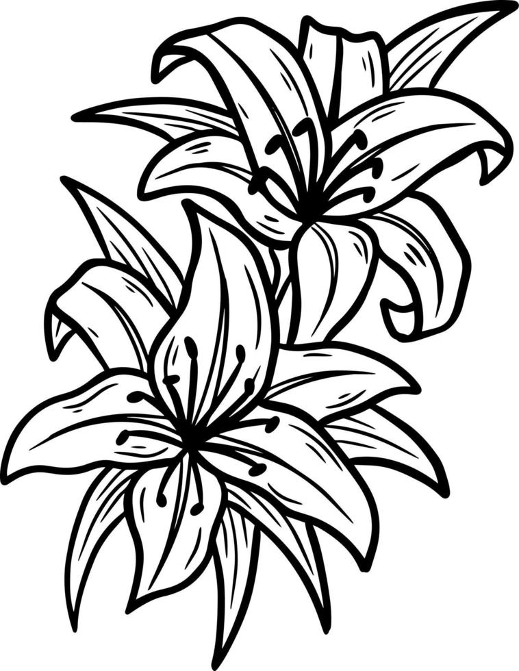 handritad blomma med blad naturals isolerade svart botanisk linjekonst illustration vektor