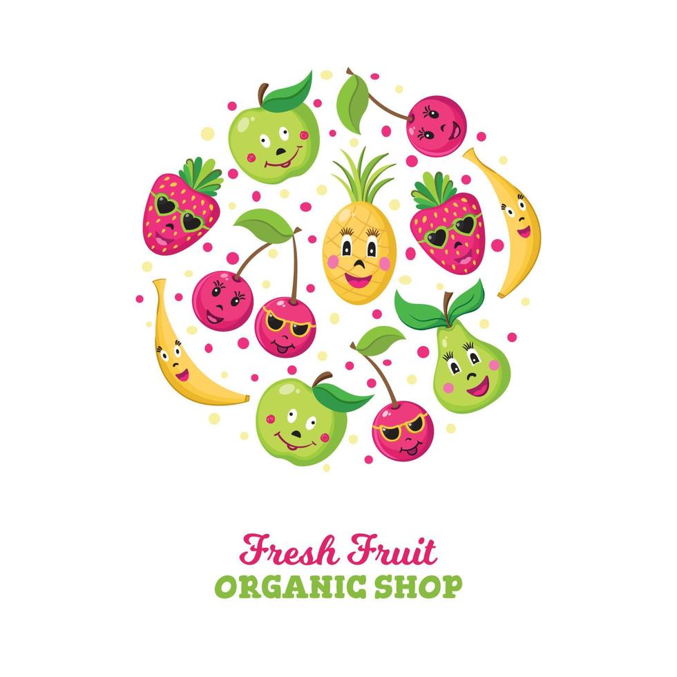 färgglada frukt reklamblad mall. ekologi hälsa färsk frukt. perfekt för ekologisk butiksjuiceetikett, vegetariskt kafé eller hälsosam mataffär. rund eko-stämpeletikett med äpple, ananas, päron, jordgubbe. vektor