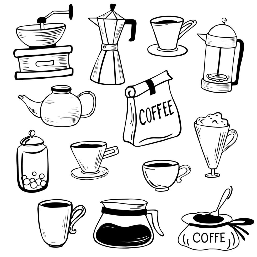 kaffesamling. kaffebryggare, gejser, fransk press, kaffekvarn, olika koppar. söta doodle tecknade café ikoner. vektor doodle skiss handritad illustration.
