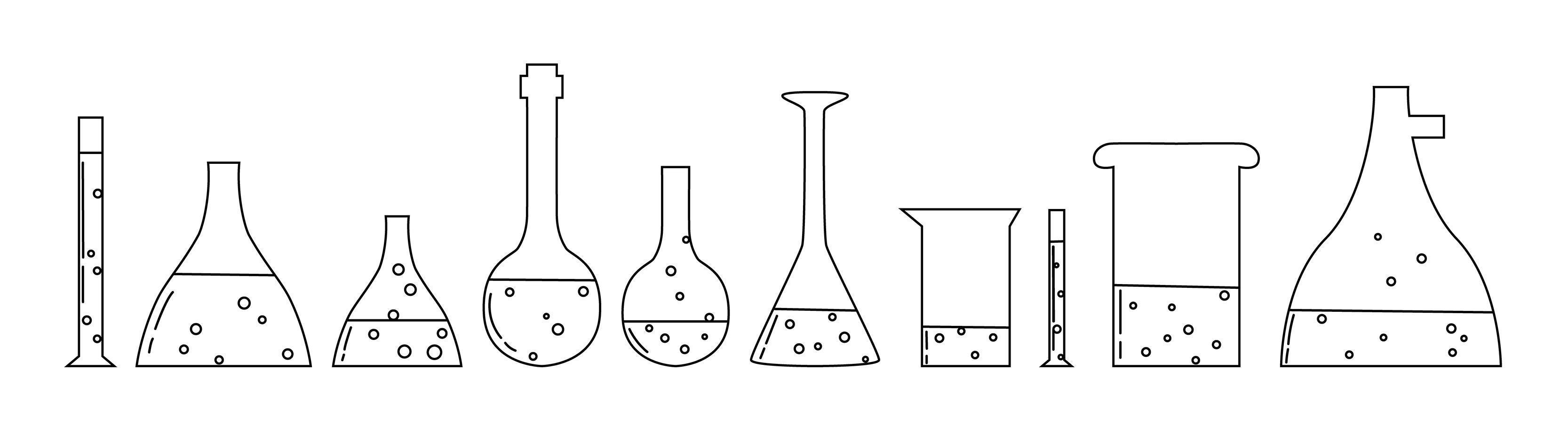 Set mit medizinischen Laborgeräten. Reagenzglas, Gläser, Becher, Kolben und Reagenzglashalter. Gelöste Umrissdarstellung vektor