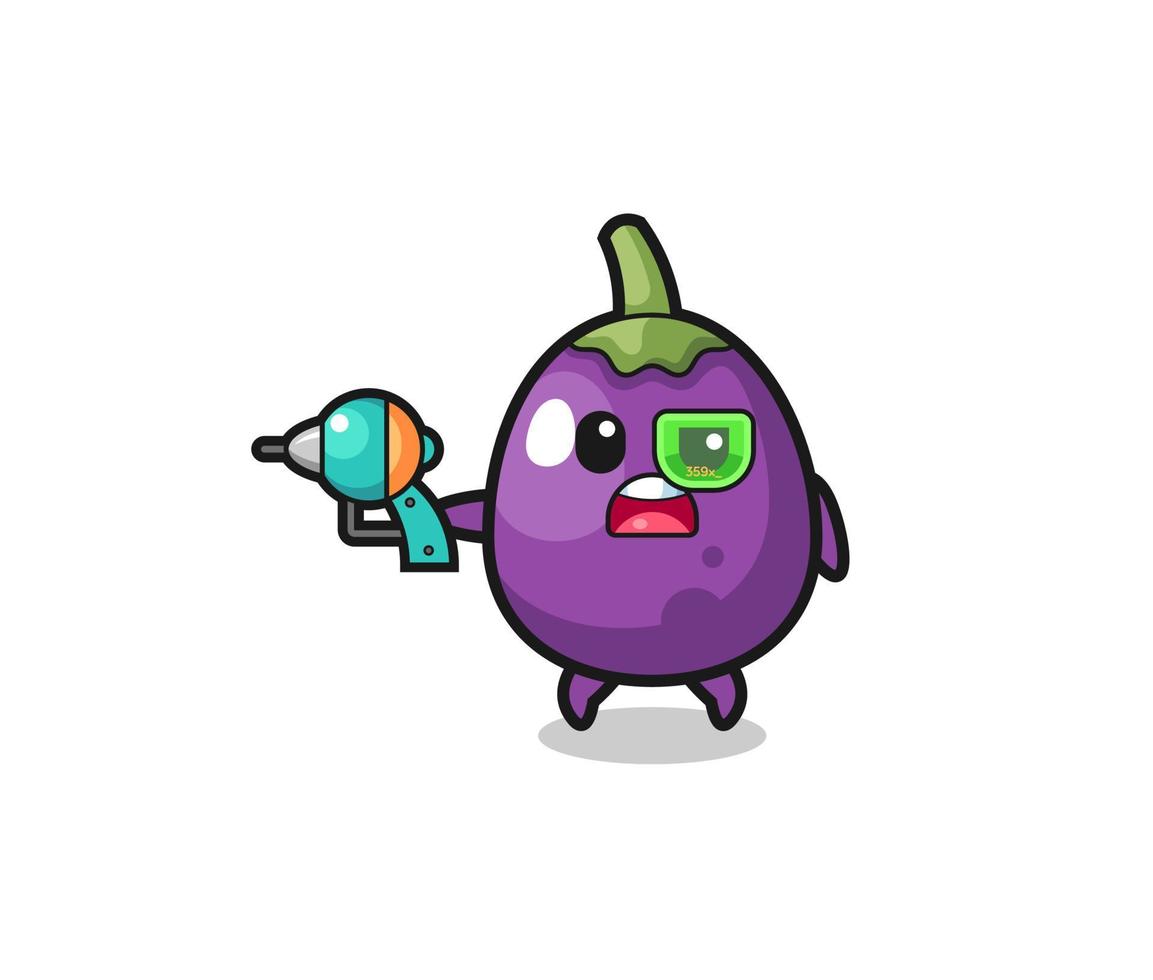 söt aubergine som håller en framtida pistol vektor