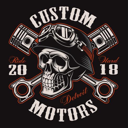 Biker Totenkopf mit gekreuzten Kolben T-Shirt Design (Farbversion) vektor