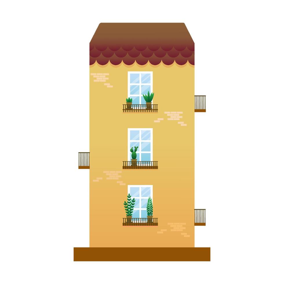 mehrstöckiges flachhaus illustration.stadthaus mit balkonen und innenblumen.vektorillustration vektor