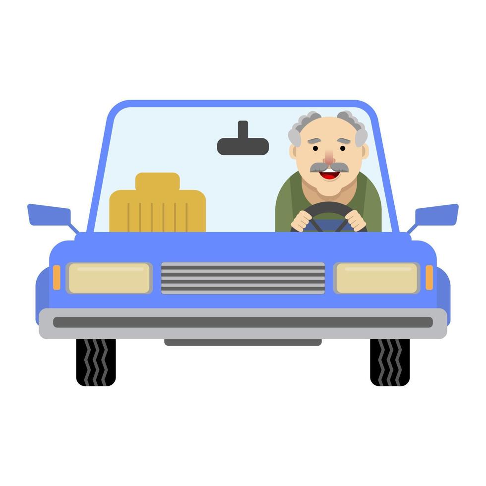 den äldre mannen bakom ratten i en bil. en blå bil med röda säten. platta illustrationer. tecknad style.vector illustration vektor