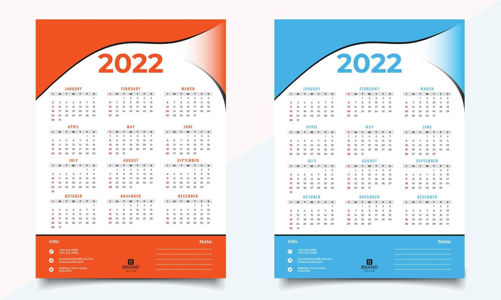 Kalender-Design-Vorlage. 2022 Jahr Wandkalender Design. vektor