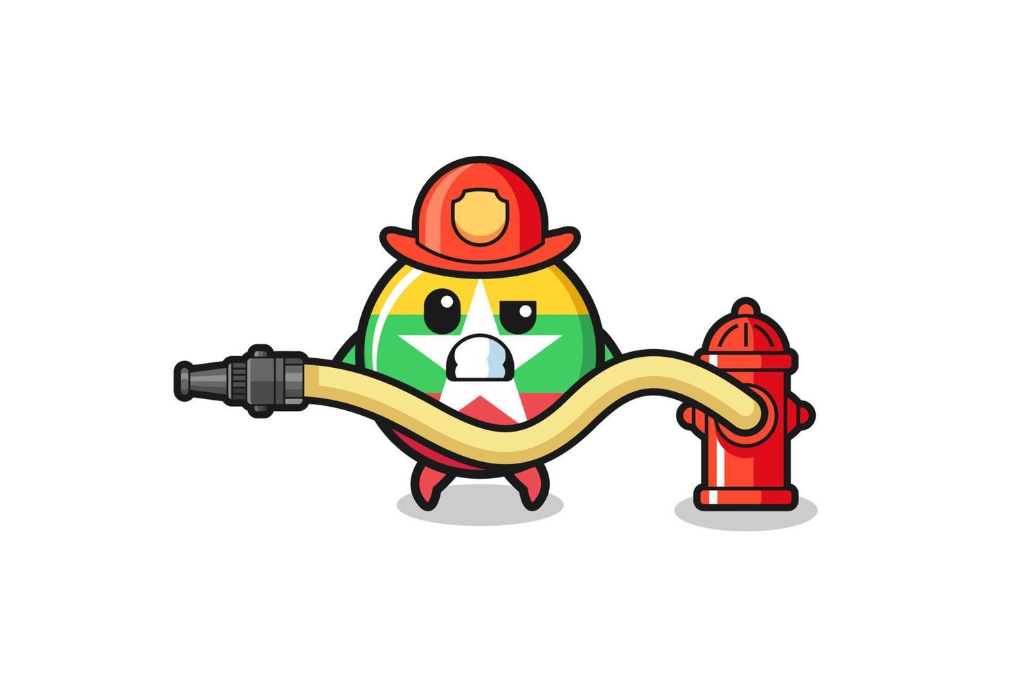 myanmar flagga tecknad som brandman maskot med vattenslang vektor