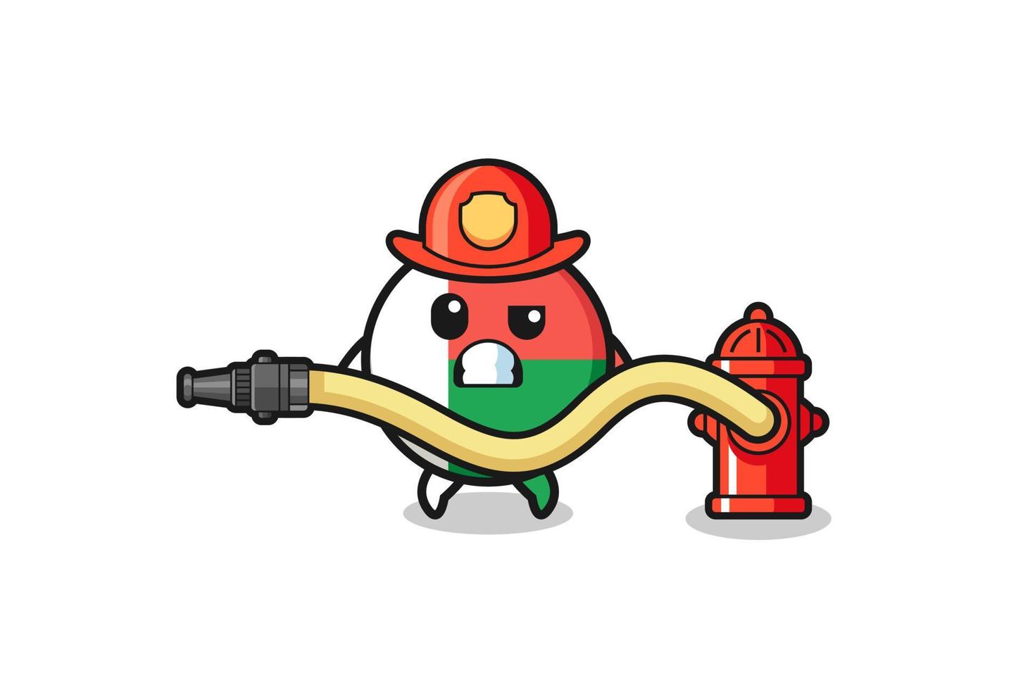 madagaskar flagga tecknad som brandman maskot med vattenslang vektor