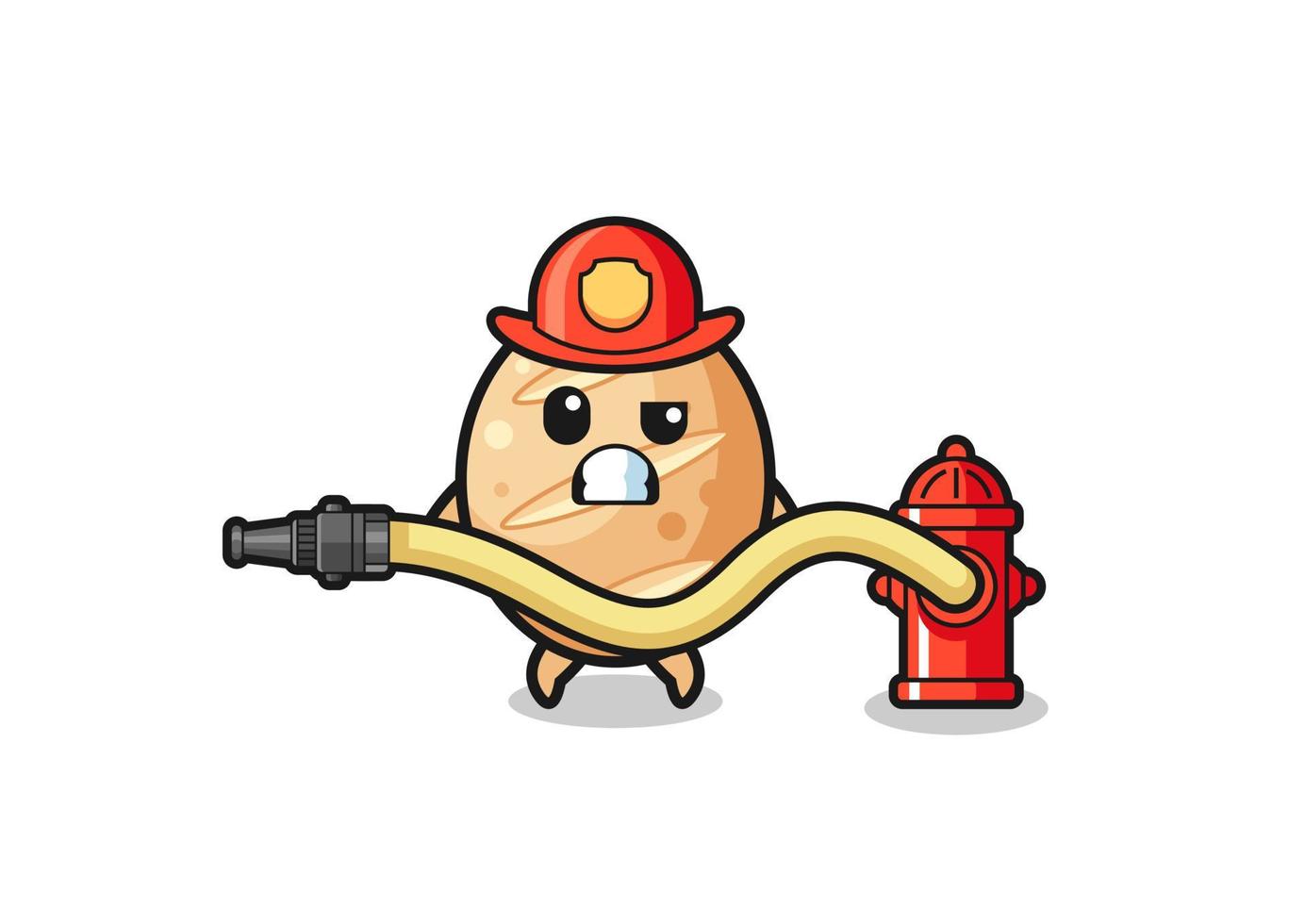 Französisches Brot Cartoon als Feuerwehrmann-Maskottchen mit Wasserschlauch vektor