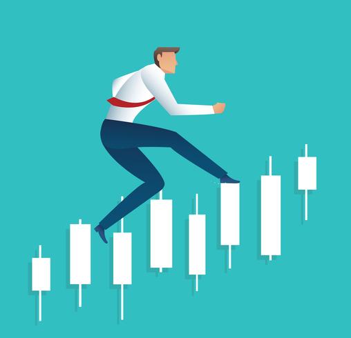 Geschäftsmann, der mit Kerzenständerdiagrammhintergrund, Konzept der Börse läuft, vektor