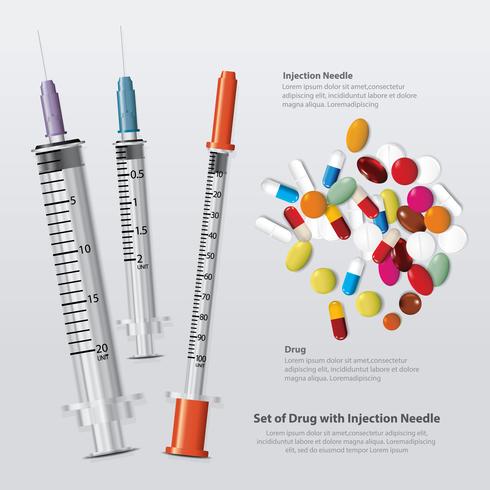Set of Drug with Injection Needle Realistic Vector Illustration