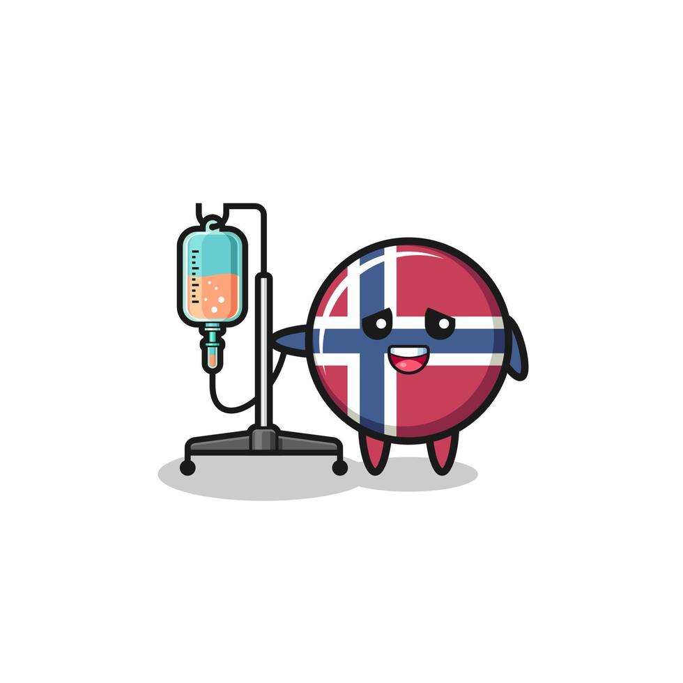 niedlicher norwegen-flaggencharakter, der mit infusionsstange steht vektor