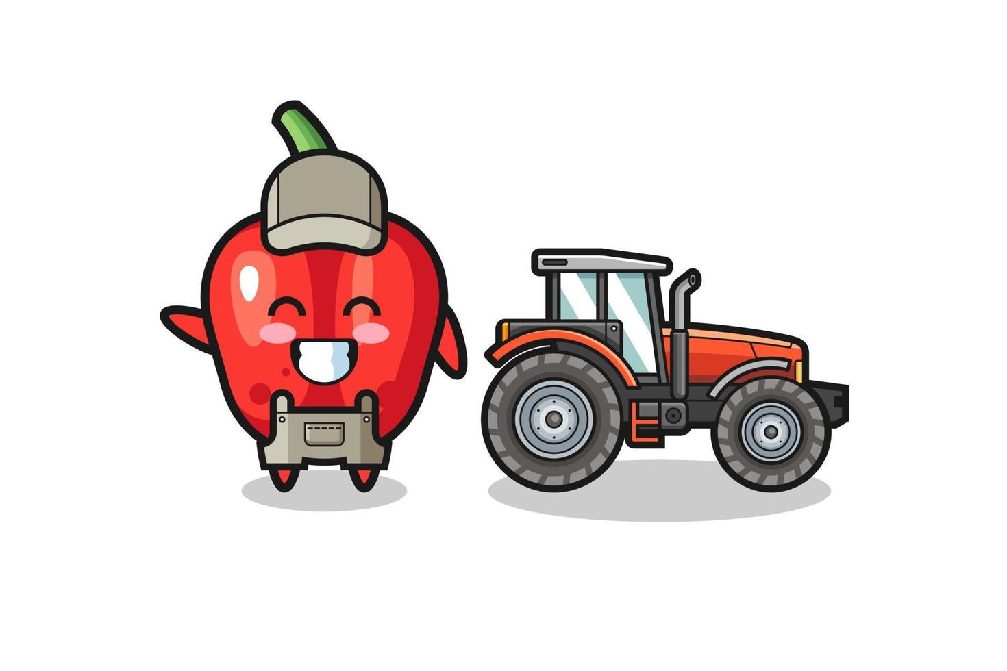 das Maskottchen des Bauern aus roter Paprika, das neben einem Traktor steht vektor