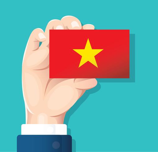 hand som håller Vietnam flagg kort med blå bakgrund vektor