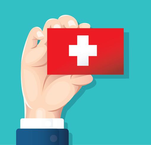 Hand, die die Schweiz-Flaggenkarte mit blauem Hintergrund hält vektor