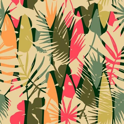 Abstrakt sömlöst mönster med tropiska löv. Vektor mall.