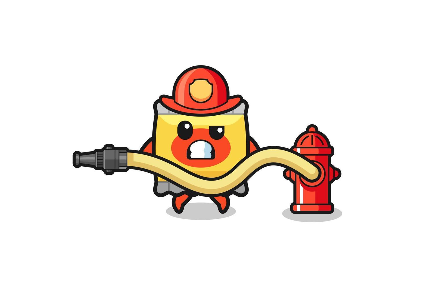 Snack-Cartoon als Feuerwehrmann-Maskottchen mit Wasserschlauch vektor