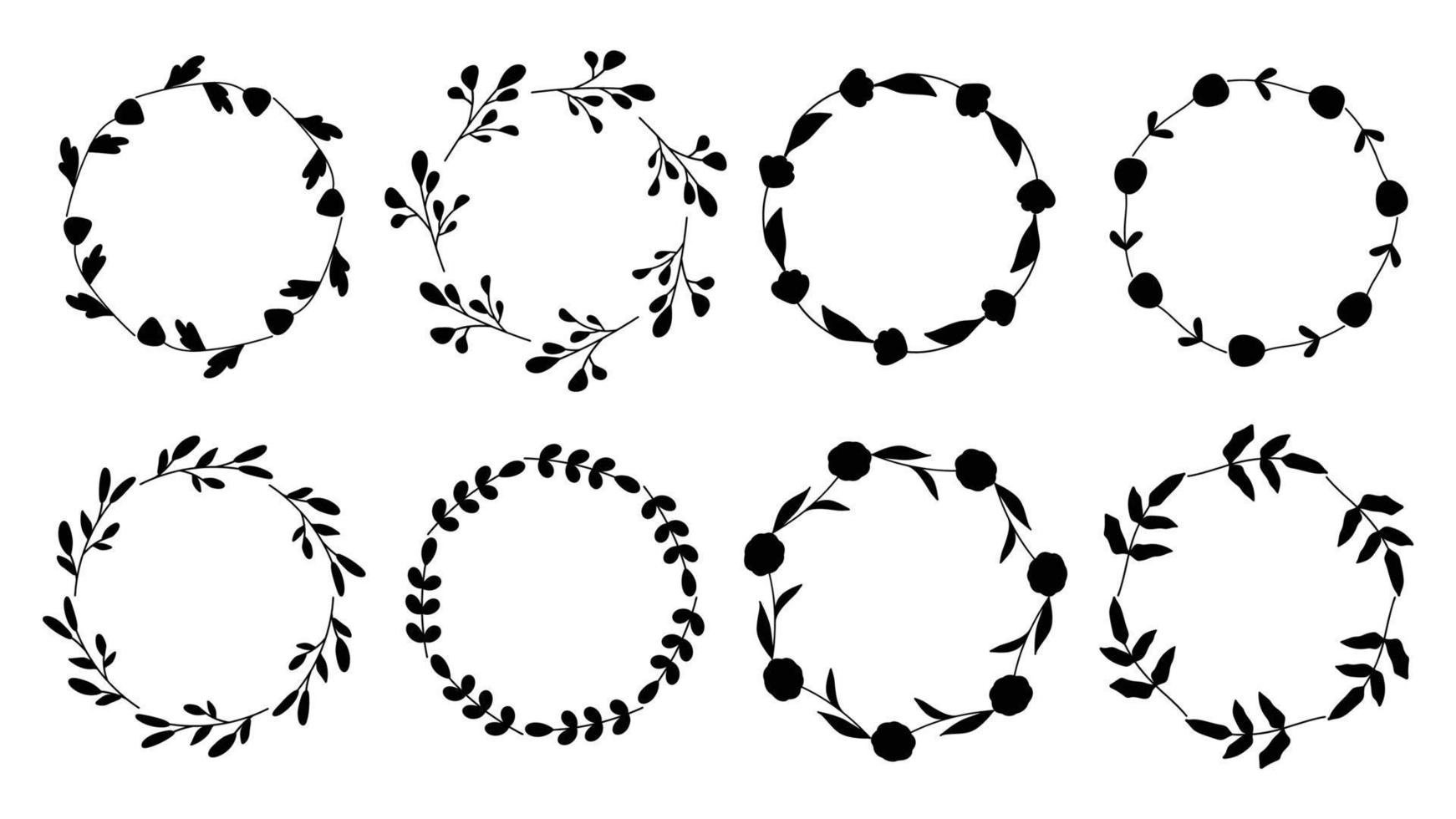 samling av blommiga runda ramar med linje för text och citat. uppsättning ram med växtsiluett för bröllopsinbjudningar och monogram. isolerade vektor illustration.