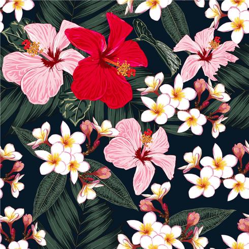 Seamless blommönster mönster gröna palmblad, Röd och rosa pastellfärg Hibiskus, vita Frangipani-blommor på isolerad svart bakgrund. Vector illustration akvarell handritad klotterstil.