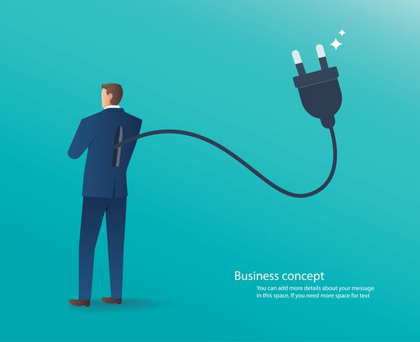 Affärsman står med elpropp på ryggen, koppla idé vektor illustration