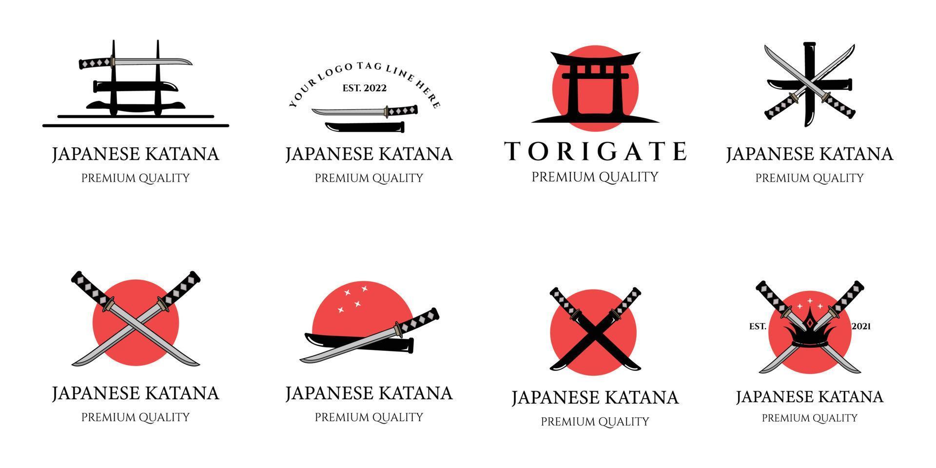 ställa in vapen katana eller ninja vintage ikon minimalistisk vektor logotyp illustration design