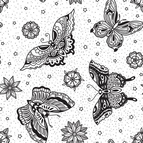 Vintage stil traditionell tatuering flash fjärilar och blommor sömlösa mönster vektor