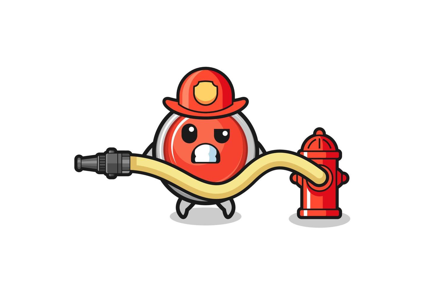 Notfall-Panikknopf-Cartoon als Feuerwehrmann-Maskottchen mit Wasserschlauch vektor