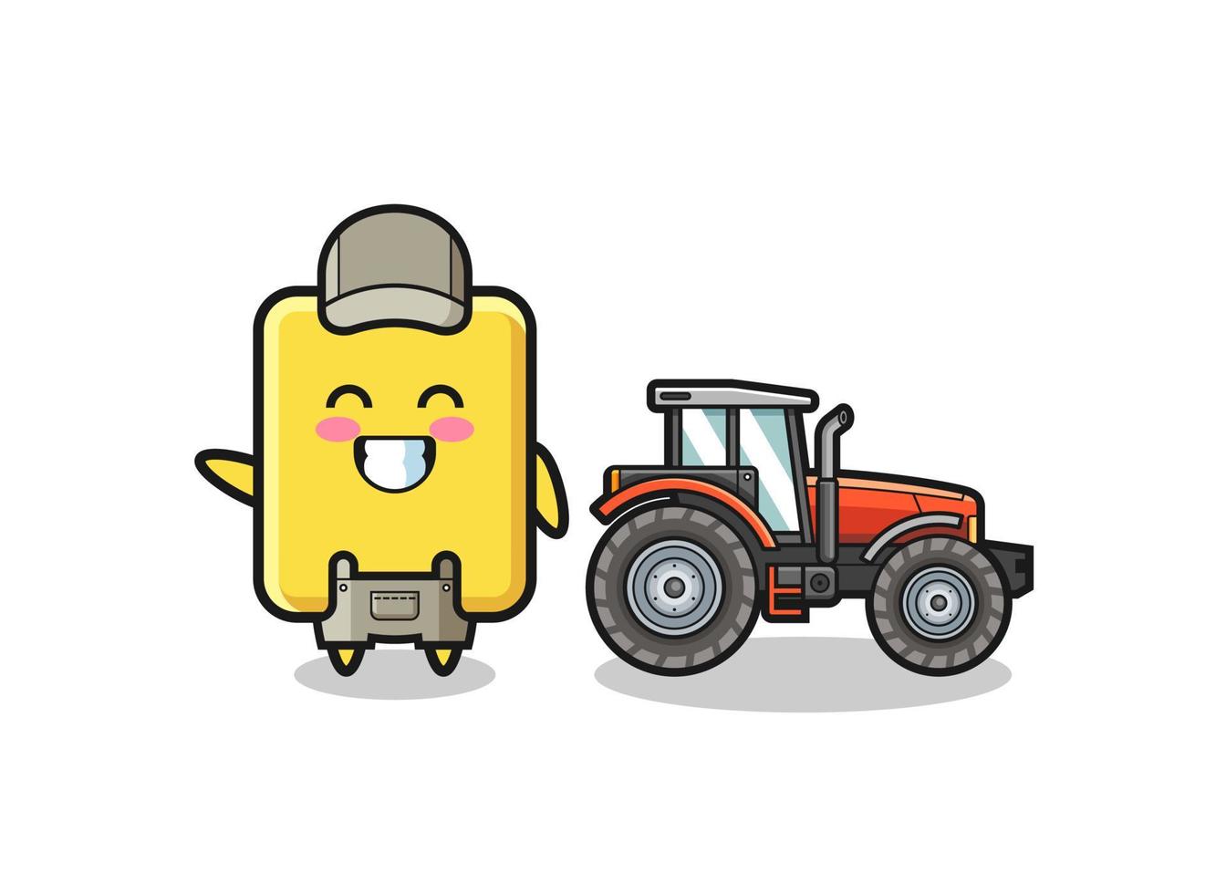 det gula kortet bondmaskot som står bredvid en traktor vektor