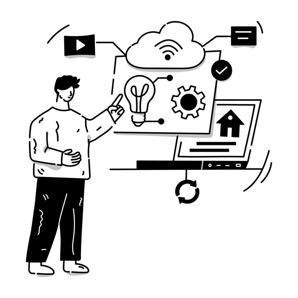 person övervakning data diagram med förstoringsglas, handritad illustration av digital testning vektor