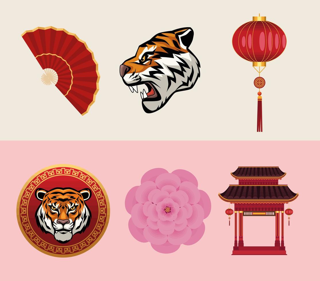 sex kinesiska nyåret ikoner vektor