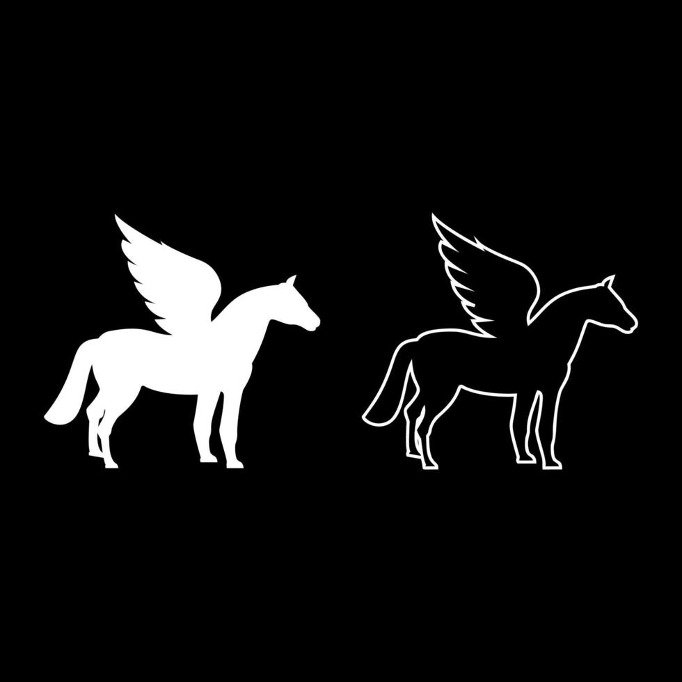 Pegasus geflügeltes Pferd Silhouette Fabelwesen Fabelwesen Symbol Umriss Set weiße Farbe Vektor Illustration Flat Style Image