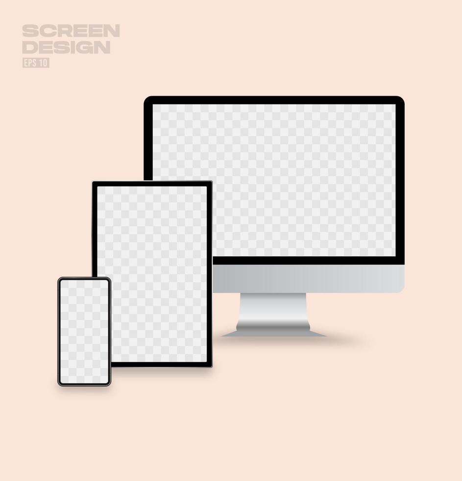 mockup av enhetens skärm. realistisk uppsättning av bildskärm, surfplatta och smartphone. vektor