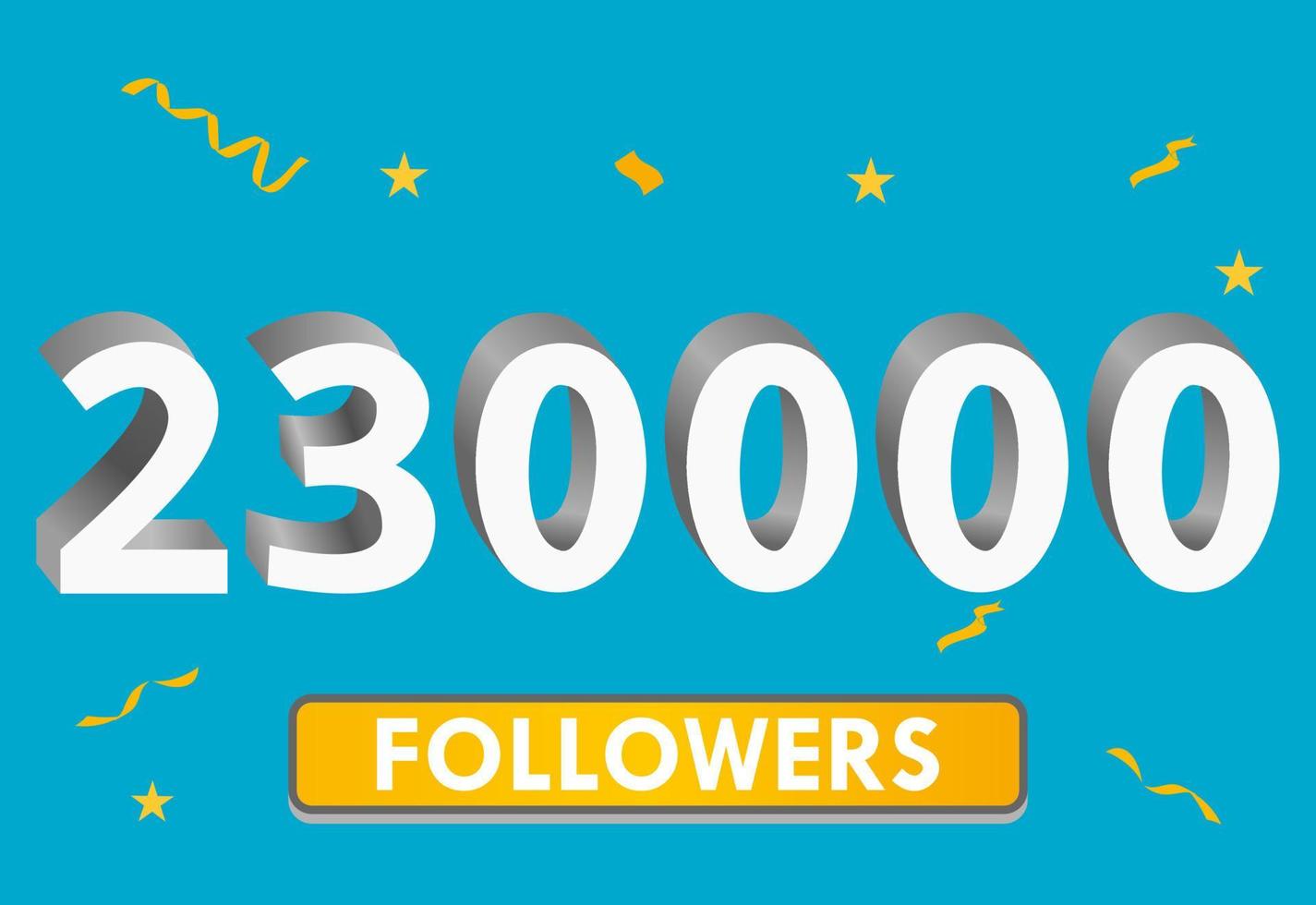 illustration 3d-nummer för sociala medier 230k likes tack, firar prenumeranter fans. banner med 230 000 följare vektor