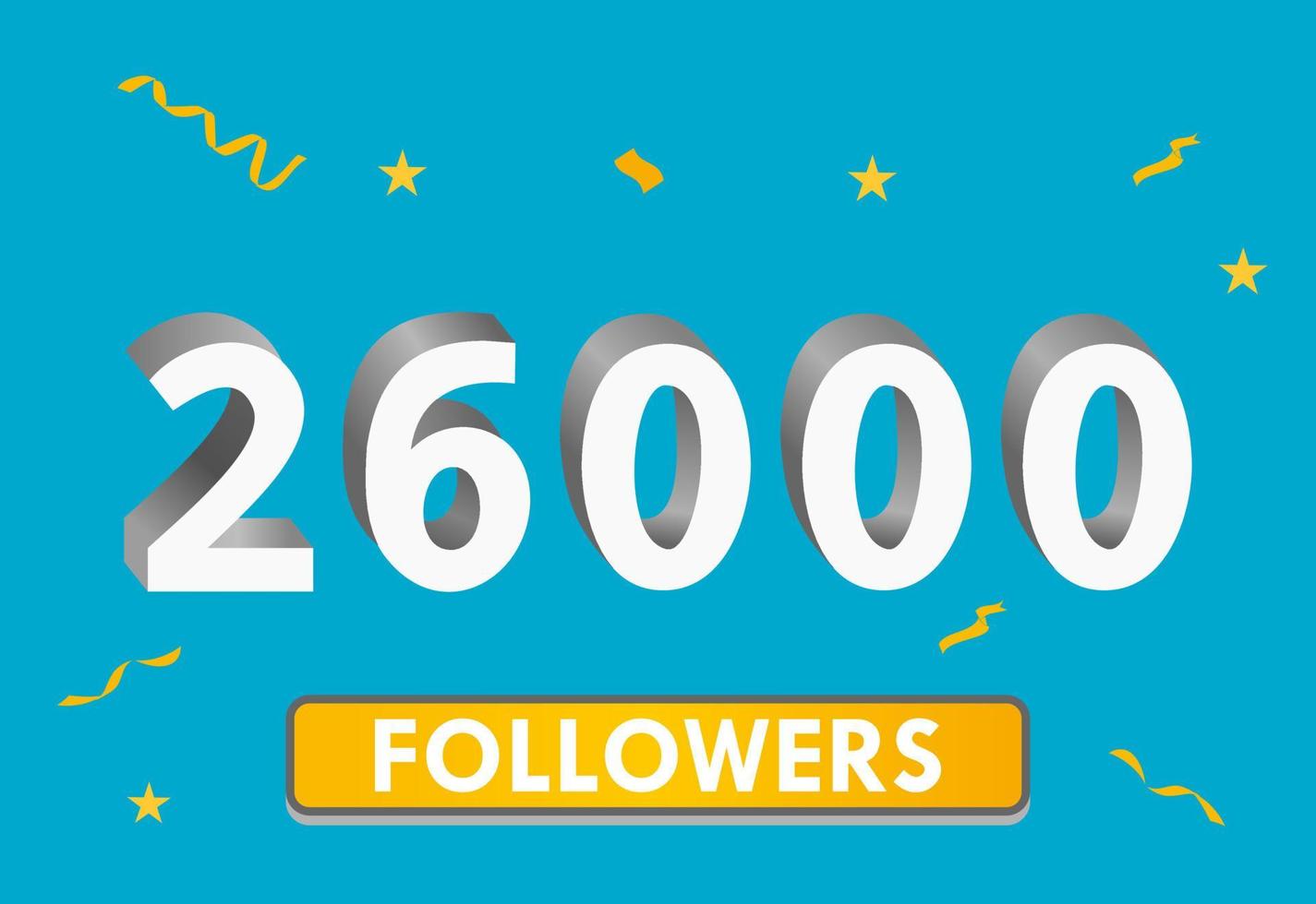 illustration 3d-nummer för sociala medier 26k likes tack, firar prenumeranter fans. banner med 26000 följare vektor