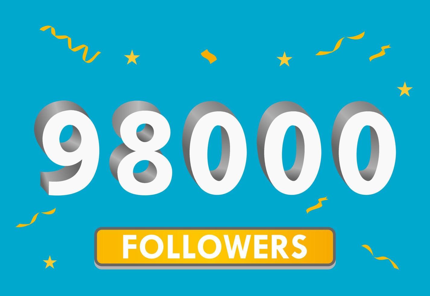 illustration 3d-nummer för sociala medier 98k gillar tack, firar prenumeranter fans. banner med 98 000 följare vektor