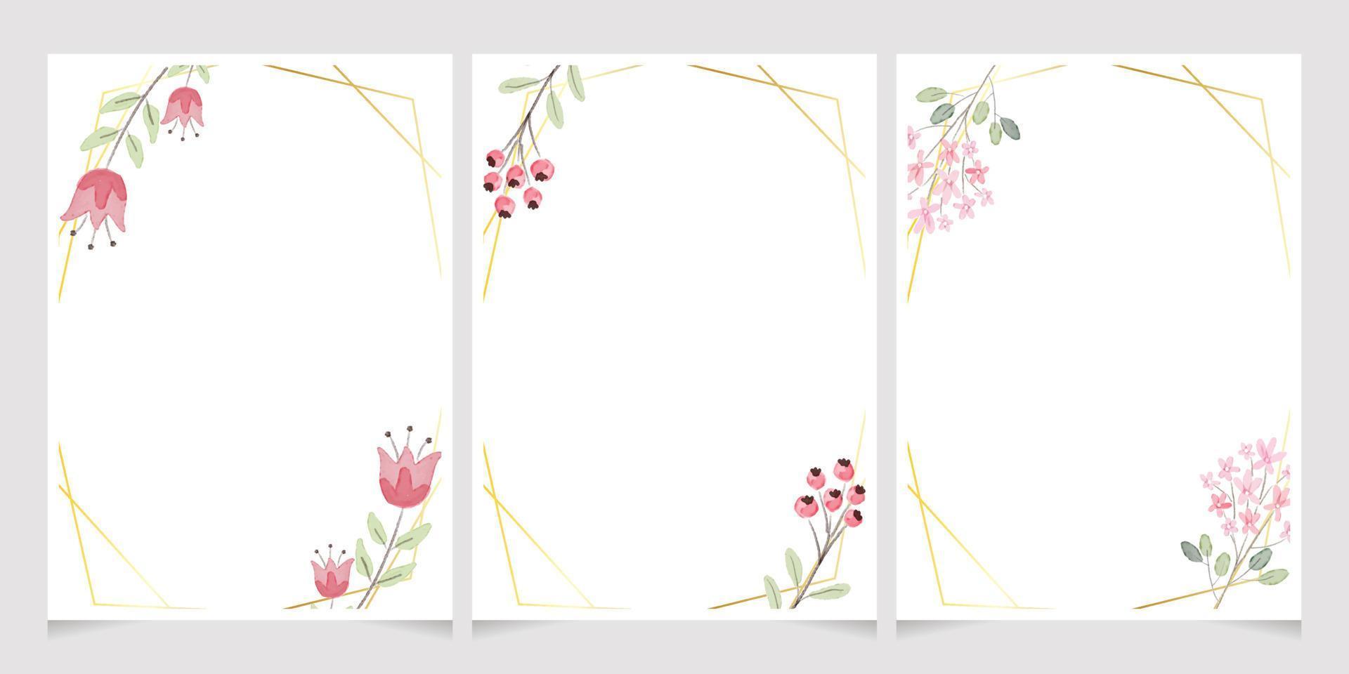Aquarell botanische Handzeichnung Blätter Kranz mit winzigen rosa und gelben Blumen Hochzeitseinladungskarte Vorlage 5 x 7 Sammlung vektor