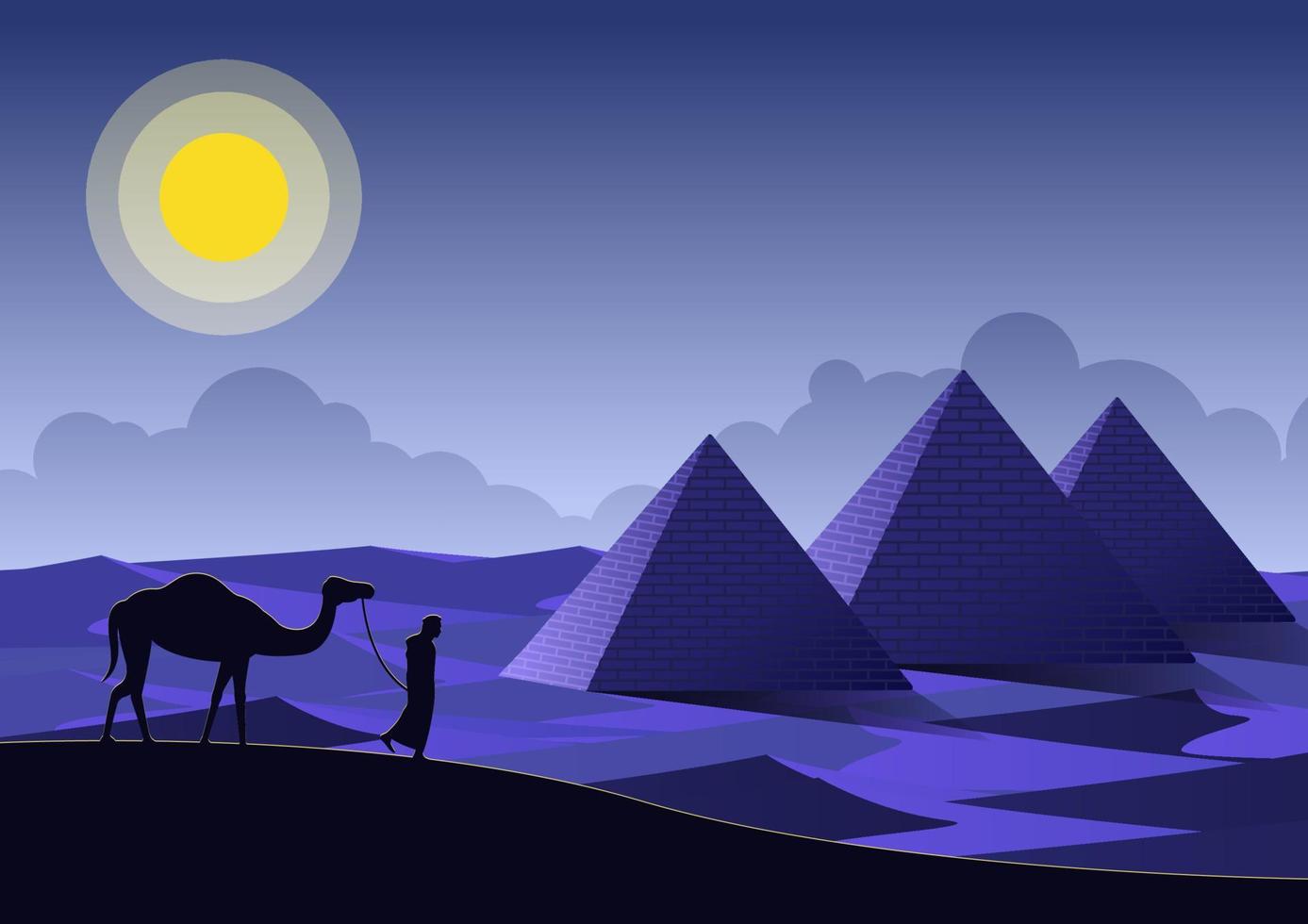 man och kamel gå pass pyramider landmärke i Egypten vektor