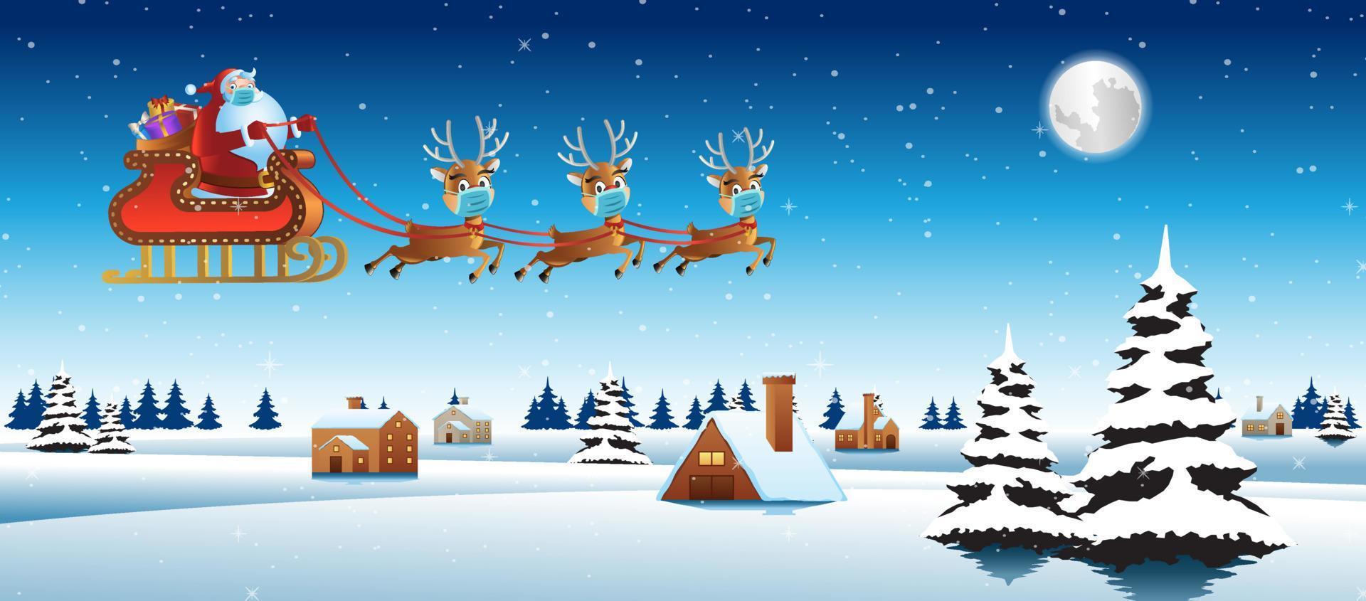 weihnachtsmann und rentier tragen maske und fliegen über das dorf, um allen geschenke zu schicken vektor