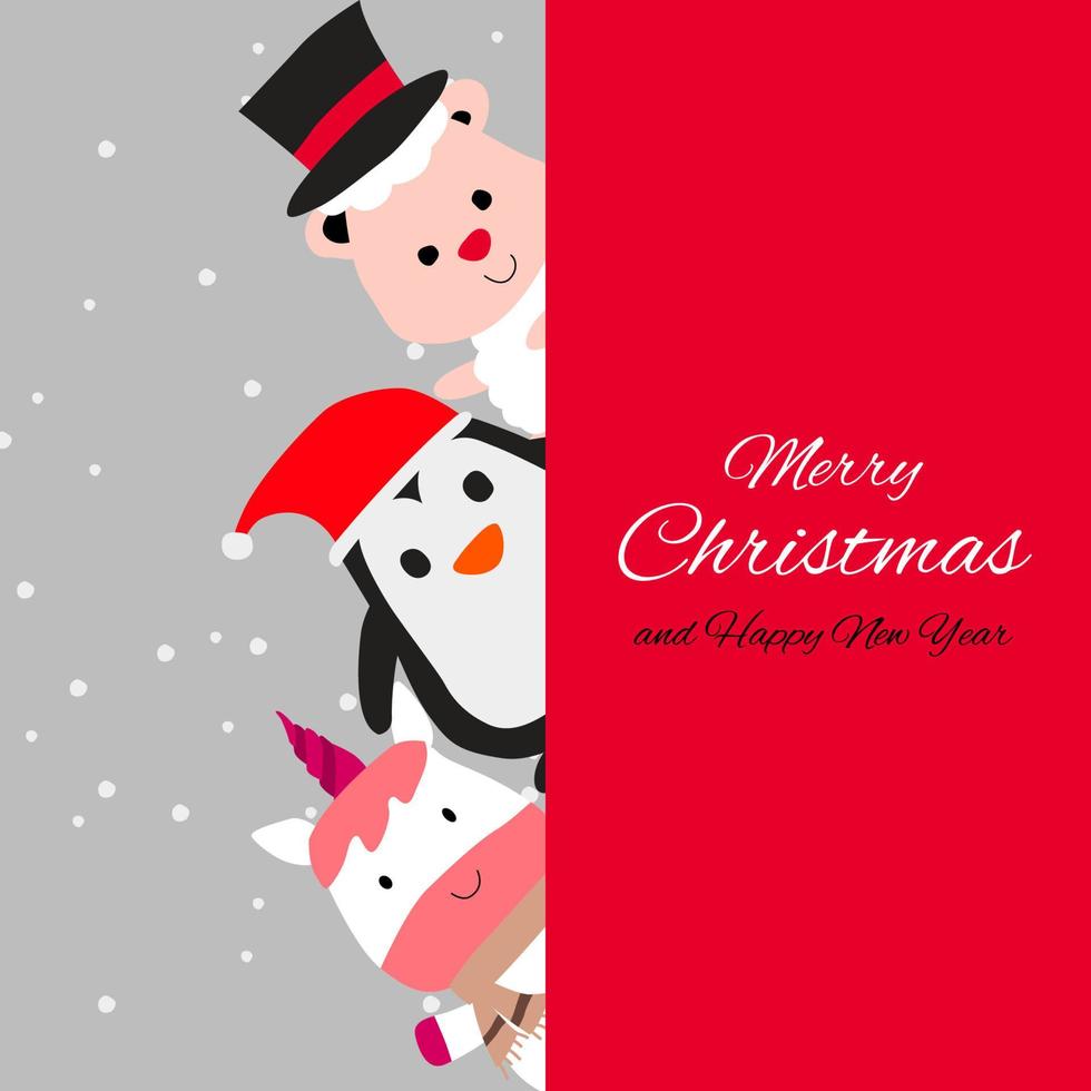 Pinguinschafe und Einhorn sind fröhliche Emotionen mit weihnachtlichem Einladungskartendesign vektor