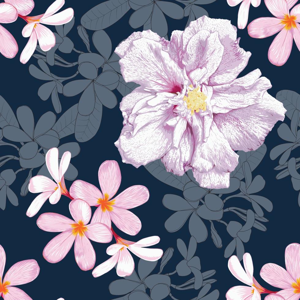 nahtloses muster floral mit hibiskus- und frangipani-blumen abstrakter hintergrund.vektorillustration handgezeichnete linie art.for stoffmuster-druckdesign vektor