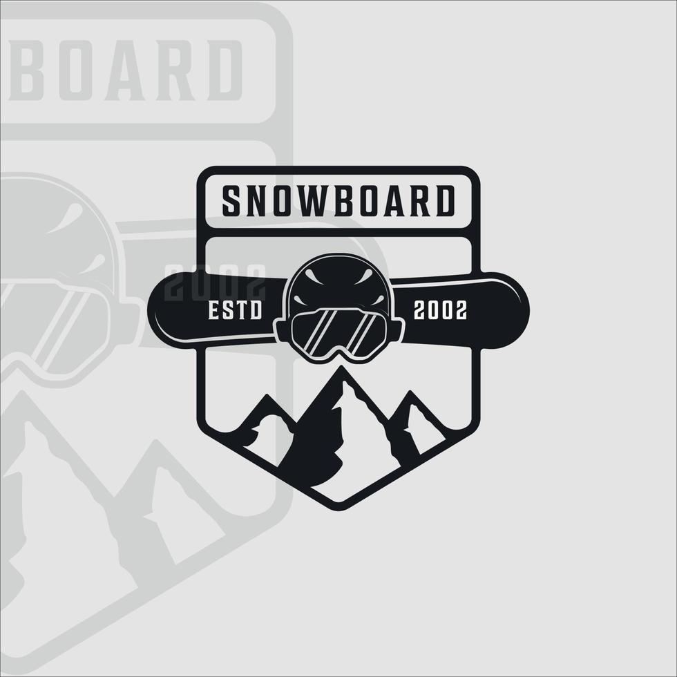 snowboard logotyp vintage vektor illustration mall ikon grafisk design. hjälmbräda och skidglasögon skylt eller symbol för resor och vintersportbutik med retromärke