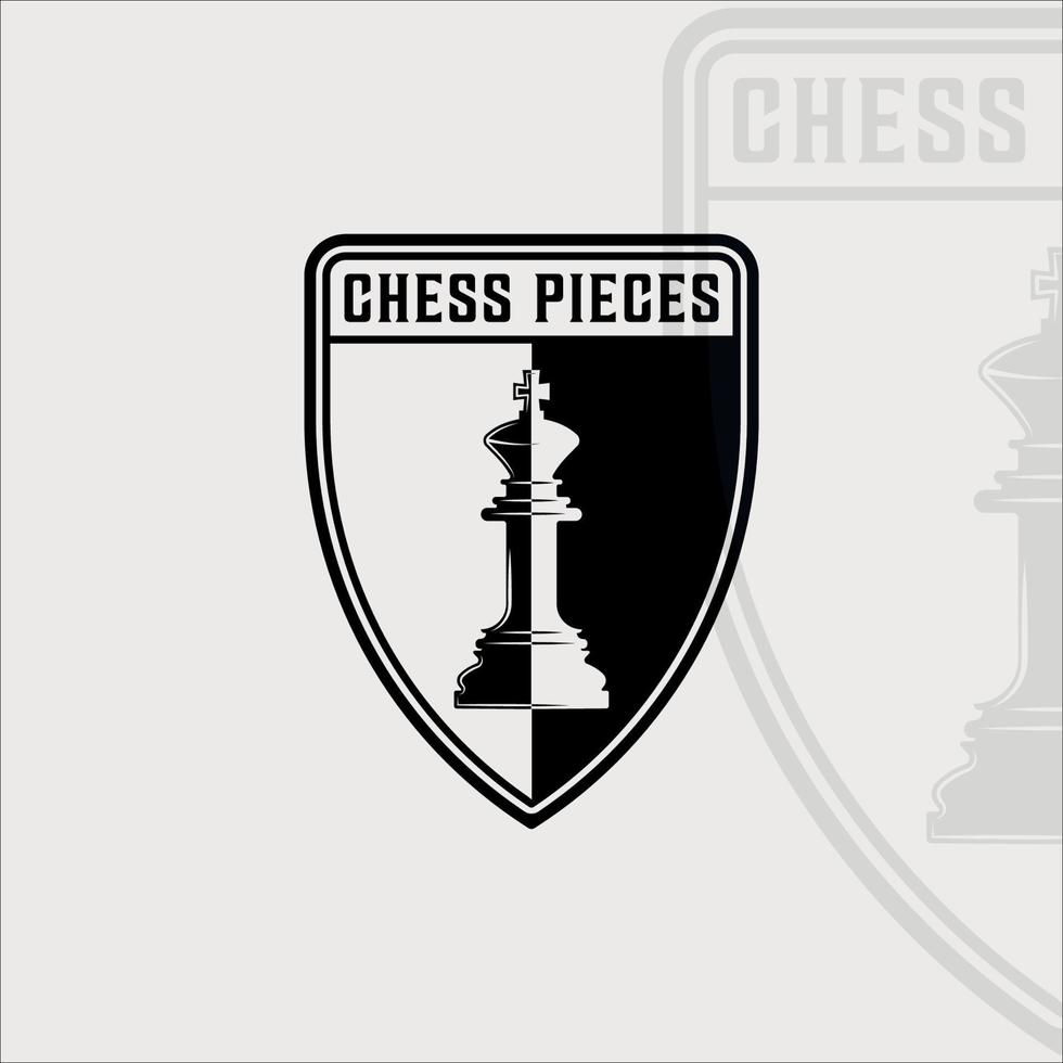 schack och kung pjäs logotyp vintage vektor illustration mall ikon grafisk design. retro tecken eller symbol för schack turnering eller klubb med sköld märke svart och vitt koncept