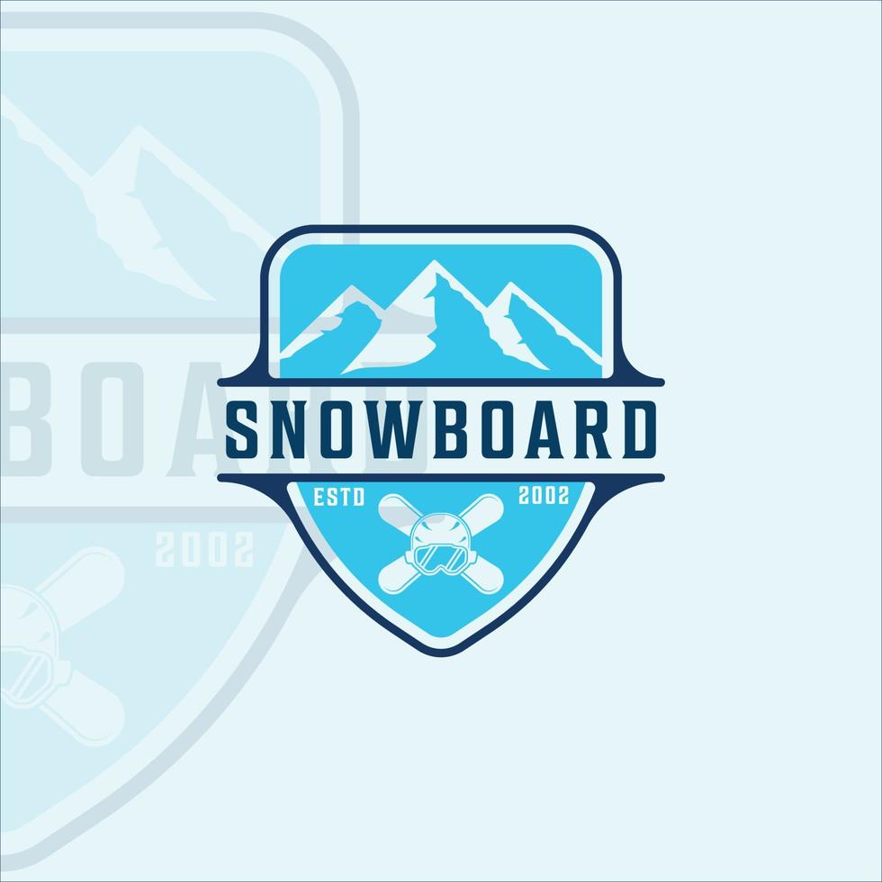 Snowboard und Berg Logo Vektor Illustration Vorlage Symbol Grafikdesign. Landschaft für Wintersportsymbol oder Schild mit Abzeichen