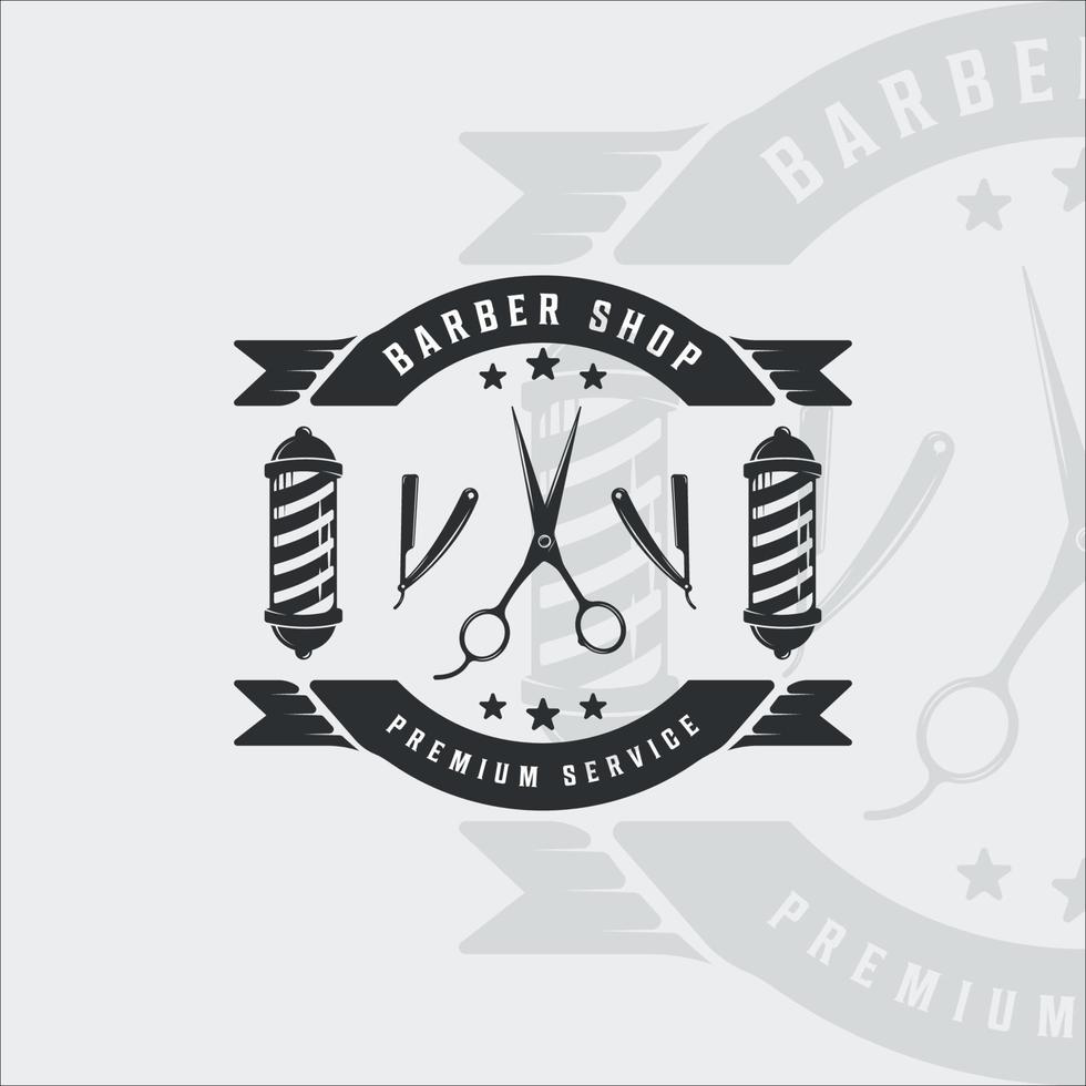 Barber Shop Logo Vintage Vektor Illustration Vorlage Symbol Grafikdesign. Scheren- und Rasiermessersymbol für Geschäfte mit Retro-Abzeichen und Typografie-Stil