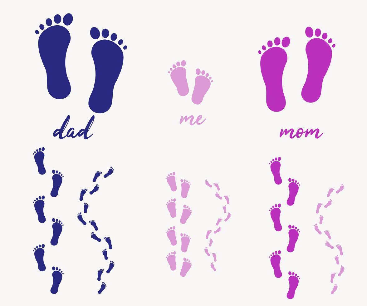 babyfots familjefotspår med babysteg, mamma och pappor vektor