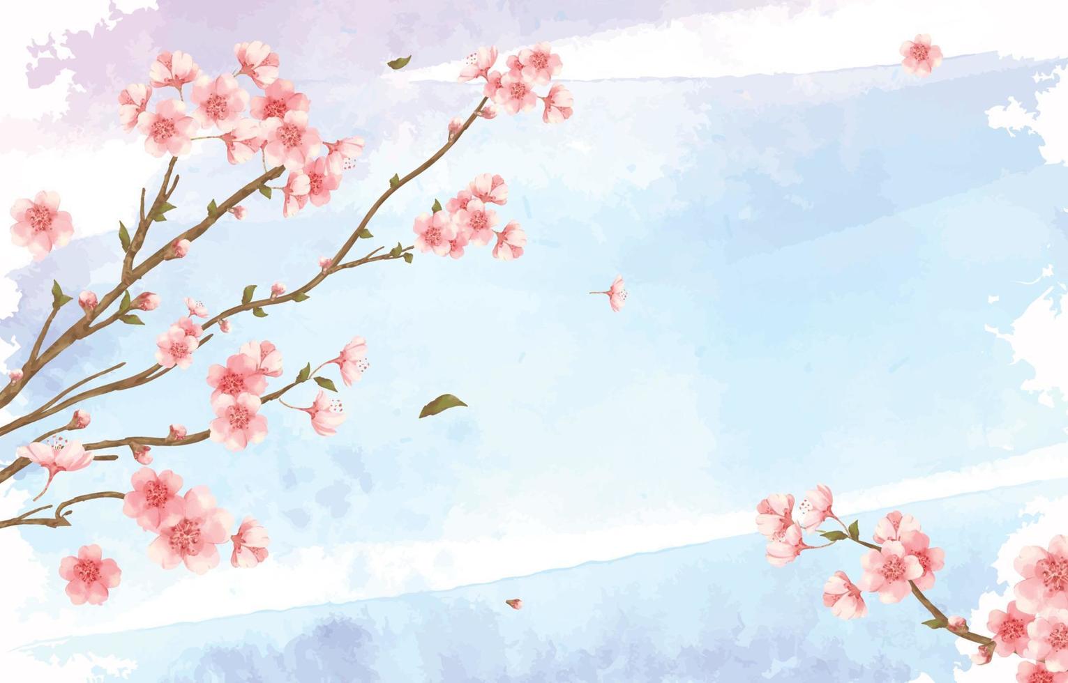 Aquarell Sakura-Blüte mit herunterfallenden Blütenblättern und Blättern vektor