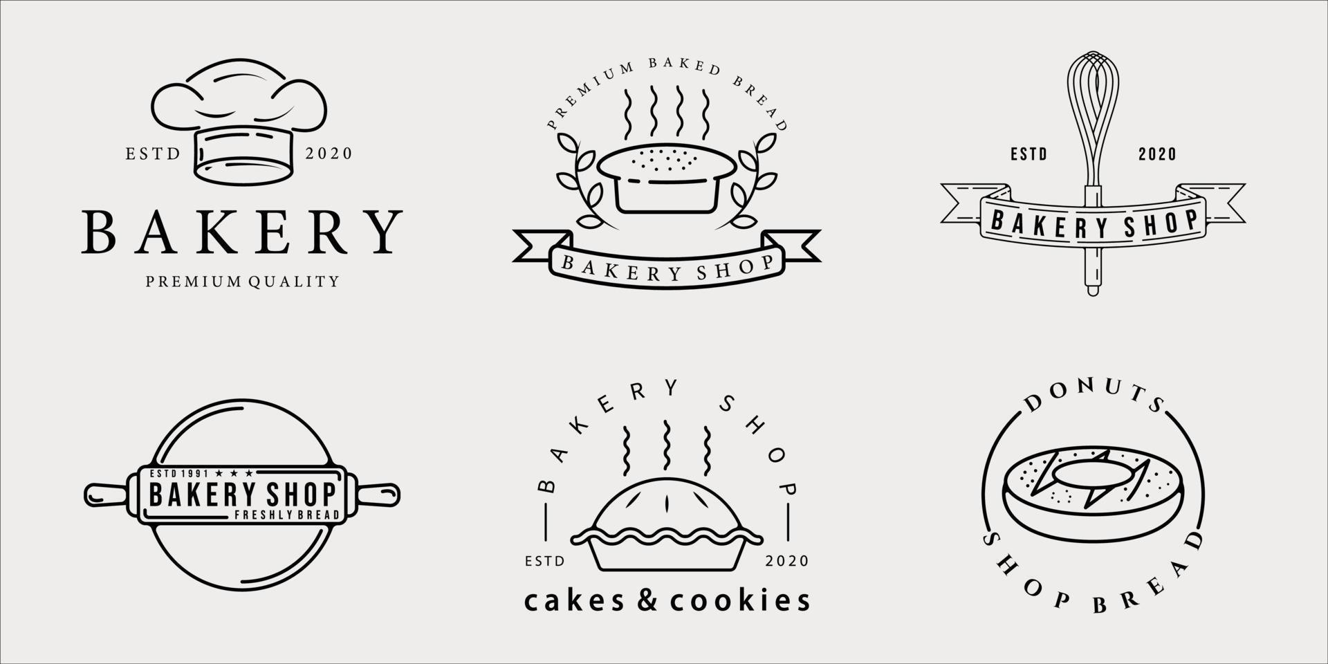 uppsättning bageri butik logotyp linjekonst enkel minimalistisk vektor illustration mall ikon grafisk design. buntsamling av olika restauranger och caféer för symbol- och skyltaffärer med typografi